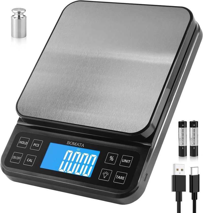 BOMATA Large Kitchen Scale with 0.1g/0.001oz High Precision, 5kg/11lb Bakery Scale with% Percentage Function, USB Rechargeable, Full-View Angle LCD with Backlight, Stainless Steel Pan - Image 1